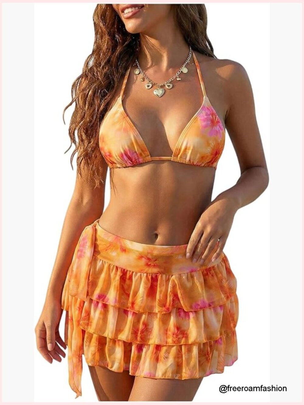 3 Piece Bikini Set Floral Halter Triangle Swimsuits with Cover Up Skirt